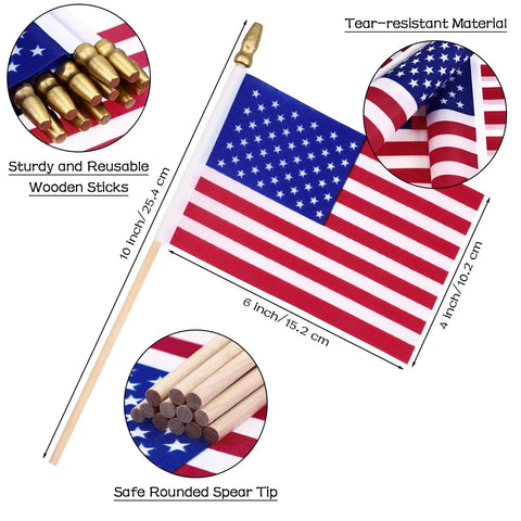 150 Pack Handheld American Flags On Sticks 4x6 Inches With Gold Spearhead For 250th Anniversary, close-up of flag details