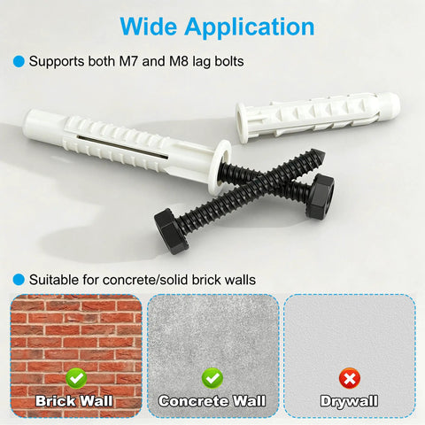 12 Piece Concrete Wall Anchor Set For TV Mounts And Shelves Includes 10x50mm And 10x60mm Expansion Bolts For M7 And M8 Screws Heavy Duty Masonry Mounting Hardware, white anchors with M7/M8 bolts for brick and concrete walls