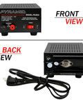 Front and back view of Universal Compact Benchtop Power Supply 12V DC 2.5 Amp Linear Regulated AC To DC Converter with cables and connectors.