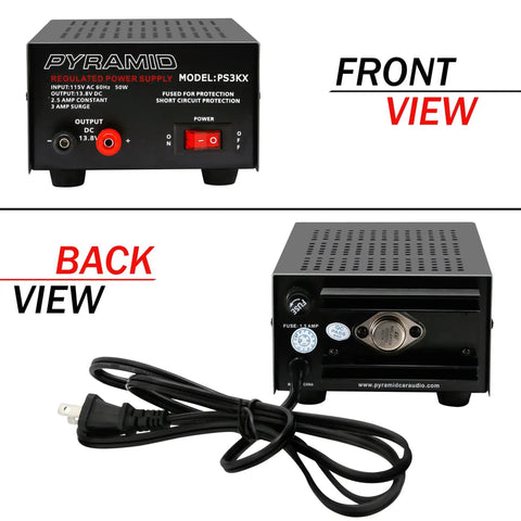 Front and back view of Universal Compact Benchtop Power Supply 12V DC 2.5 Amp Linear Regulated AC To DC Converter with cables and connectors.