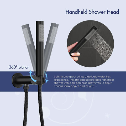 10 Inch Matte Black Round Rain Shower Set With Wall Mounted Rainfall Head And Handle Trim Kit, handheld shower with 360 rotation