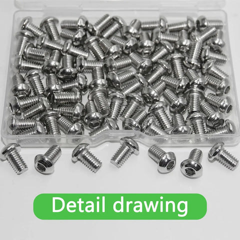 100 Pcs M6 X 10mm Button Head Socket Cap Bolts Made From Rust Busting 304 Stainless Steel in a clear container.