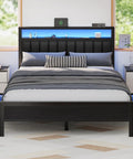 Queen Size Bed Frame With Smart RGB LED Lights And Remote App Control Featuring Over 60000 Custom Colors Quick Charge Hub in a modern bedroom.