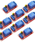 8 Pack 5V Relay Module Kit With Optocoupler For Arduino And Microcontrollers One Channel Per Board High Or Low Level Trigger With Jumper 10A 250V AC And 10A DC Ratings Indicator LEDs Compact 50 By 25 By 18.5 Millimeters. View of all modules.
