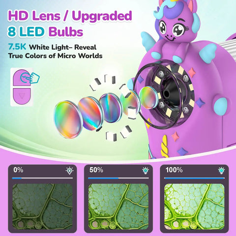 Kid Friendly Digital Microscope Handheld Miniscope With 4K 2.0 Inch Screen Rechargeable Portable Magnifier 1000x Zoom STEM Learning Toy Gift With Slides Kit For 4 To 12 Year Olds Violet, 8 LED lens