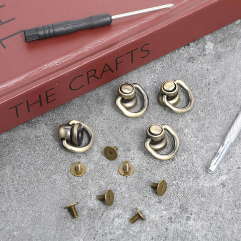 4 Pack Antique Brass D Rings And Ball End Studs Repair Kit For Purses Bags Leather Straps with punch and screwdriver