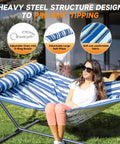 Woman relaxing on blue Two Person Outdoor Hammock With Stand For Lazy Summer Lounging, Cotton Rope Hammock, backyard setting.