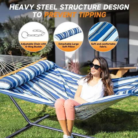 Woman relaxing on blue Two Person Outdoor Hammock With Stand For Lazy Summer Lounging, Cotton Rope Hammock, backyard setting.
