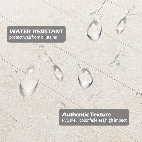 Water droplets on creamy stone peel and stick backsplash tiles for kitchen and bathroom self adhesive PVC wall tiles 12x12 in 0.16 in thick.