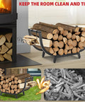 30 Inch Firewood Rack For Indoor And Outdoor Use Beefy Heavy Duty Steel Frame Log Holder next to fireplace