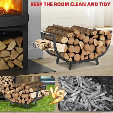 30 Inch Firewood Rack For Indoor And Outdoor Use Beefy Heavy Duty Steel Frame Log Holder next to fireplace