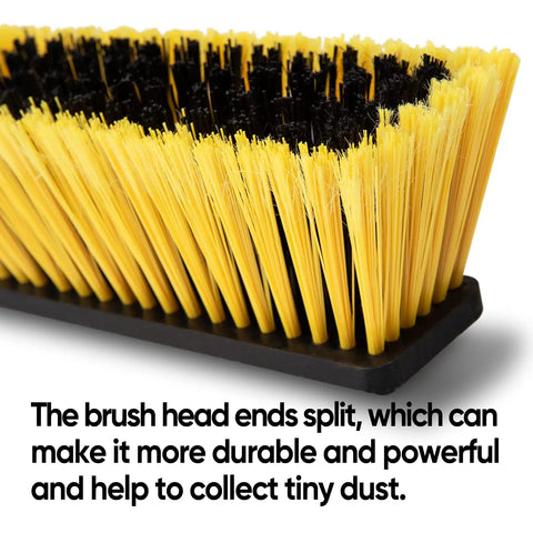 Heavy Duty 24 Inch Push Broom With Adjustable Telescoping Handle Up To 65 Inches showing split bristle head for effective dust collection.