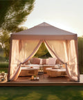 10x10 Pop Up Canopy Tent With Netting Quick Setup Instant Gazebo Shelter EZ Up Screen House With Carry Bag Height Adjustable For Outdoor Patio Garden Use Brown on a deck