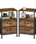 Top Tier Modern Nightstand With Two Spacious Drawers Sleek Steel And Wood Blend For Extra Bedroom Storage Durable Polyester Fabric Finish Super Handy End Table To Chill By Your Bed Total Home Vibe Upgrade displayed in modern decor with personal items.
