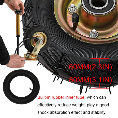 Heavy Duty Pneumatic Rubber Castor Wheel Set Of Four With Two Swivel And Two Directional Casters For Industrial Carts Rock Solid Silent Cruising Shock Absorbing 8 Or 10 Inch No Fuss Setup showing a close-up of a wheel being inflated.