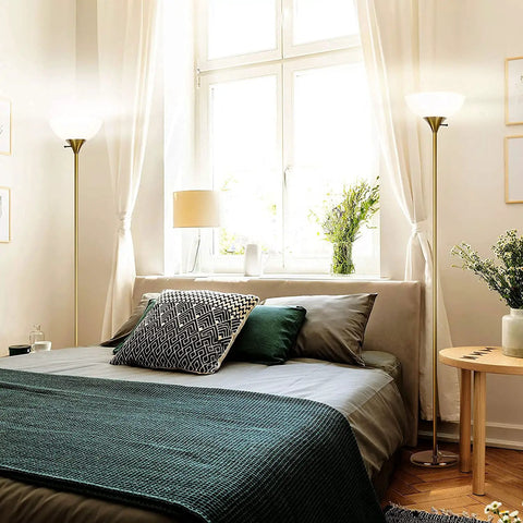 Dimmable LED Floor Lamp With 3000K Warm White Light, Tall Torchiere Style in bedroom, modern brass gold finish, ambient lighting