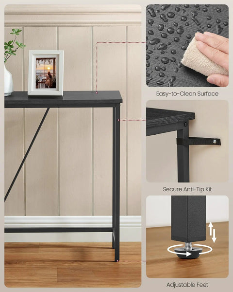 Slim Entryway Console Table With Industrial Chic Matte Black Steel Pipes, charcoal gray top and adjustable feet features shown.