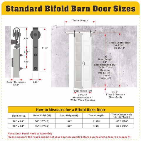 Diagram showing standard size measurements for Go-To Space Saver Bifold Barn Door Kit 30 Inch Wide with installation guide.