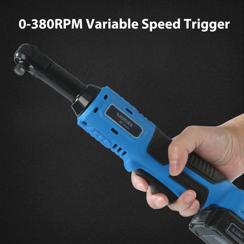 Hand holding Beefy 20V Cordless Electric Ratchet Wrench Kit With Three Eighth Inch Drive, variable speed trigger visible