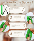 Diagram showing how to fix zippers with Zipper Repair Kit With Replacement Sliders In Sizes 3 5 And 8 Plus Install Plier.