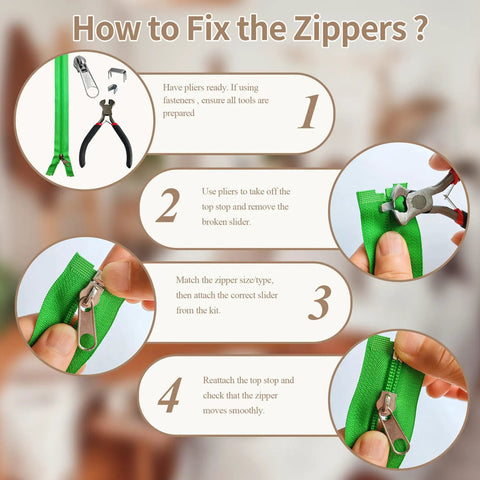 Diagram showing how to fix zippers with Zipper Repair Kit With Replacement Sliders In Sizes 3 5 And 8 Plus Install Plier.