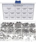 Solid Boss Level Hardware Must Have 185 Piece Phillips Flat Head Countersunk Screws 14 Size UNC Imperial 304 Stainless Steel Machine Bolt Assortment Kit in organized case.
