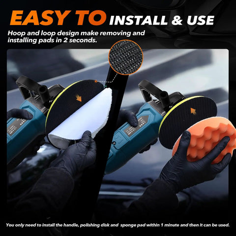 Powerful 1600W Buffer Polisher For Cars with detachable handle and interchangeable pads, demonstrating easy pad installation.
