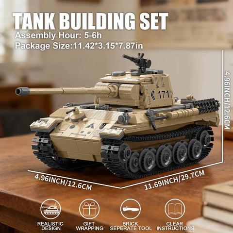 Panther Tank WW2 Military Building Set With 937 Pieces Ultra Detailed Collectible German PzKpfw V Army Model features displayed.