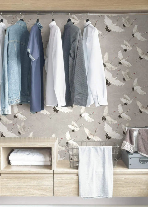 Halcyon Peel And Stick Grey And White Crane Pattern Wallpaper Removable Contact Paper For Walls Self Adhesive Wall Covering