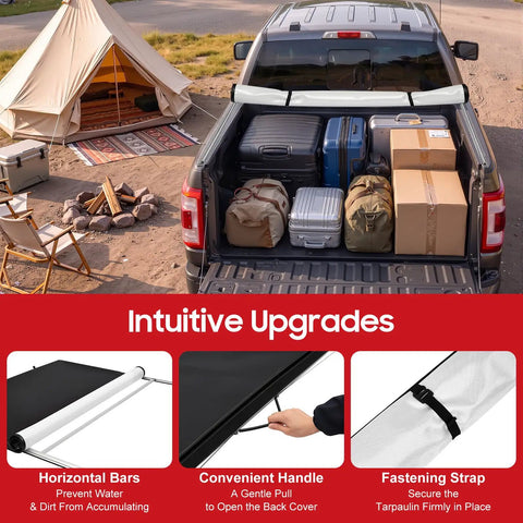 Soft Roll Up Tonneau Cover For Ford F150 5.5ft Bed 2015 2026 with luggage in truck bed, PVC tarpaulin shown rolled up