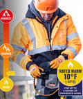 High Visibility Reflective Winter Bomber Jacket With Zip Out Fleece Liner Windproof And Water Resistant 300D Shell ANSI Compliant For Cold Weather Work Black Bottom Outerwear Built Tough For The Job Site in action on job site