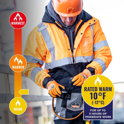 High Visibility Reflective Winter Bomber Jacket With Zip Out Fleece Liner Windproof And Water Resistant 300D Shell ANSI Compliant For Cold Weather Work Black Bottom Outerwear Built Tough For The Job Site in action on job site