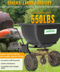 Heavy Duty Tow Behind Broadcast Spreader With 200 Lb Hopper And 13 Inch Pneumatic Tires attached to lawn tractor