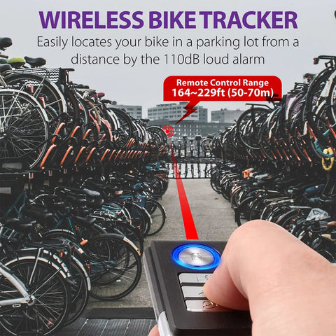 Hand using USB-C Rechargeable Bike Alarm With Remote IP55 Waterproof Wireless 110 Decibel Loud Anti Theft Vibration Motion Sensor Security System For Your Bike E-Bike Motorcycle And Scooter in crowded bike parking area