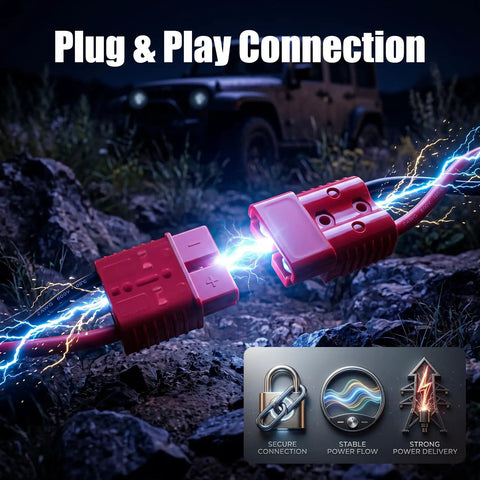 24 Foot 2 AWG Heavy Duty Winch Cable With Quick Disconnect For ATV UTV Truck And Trailer, Low Voltage Drop, Reliable Power For Off Road Recovery And Towing, 22Ft Plus 2Ft Configuration. Plug and play red quick-disconnect winch cable on rocky trail