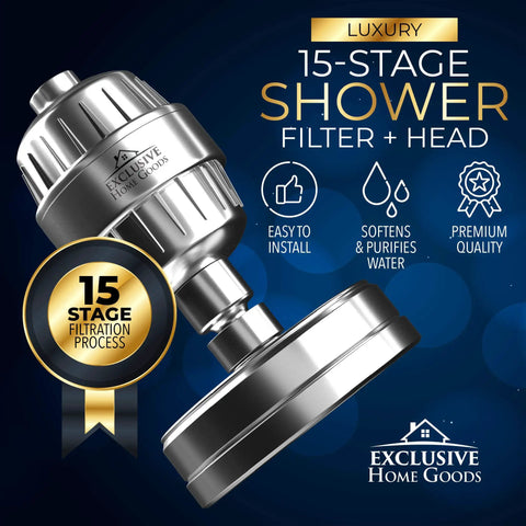 Luxury 15-stage shower filter head with Boss Level Filtration Shower Head Set With High Pressure Rainfall Head Removes Chlorine Heavy Metals Impurities And Softens Water Through 15 Stage Filtration With Vitamin C And Vitamin E Cartridges branding, metallic design.