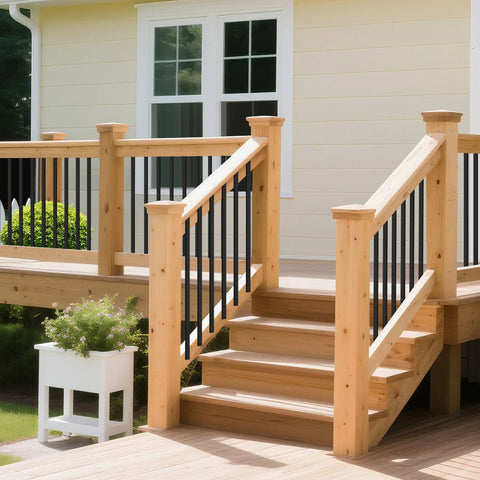 Close-up of wooden deck with 25 Pack 32 Inch Black Metal Deck Balusters Rectangular Spindles For Porch Railing And Stair Railings Side Mount Kit