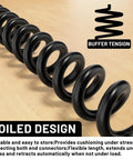 Black coiled extension cord showing spiral design, labeled with buffer tension details for stress protection and flexible length.