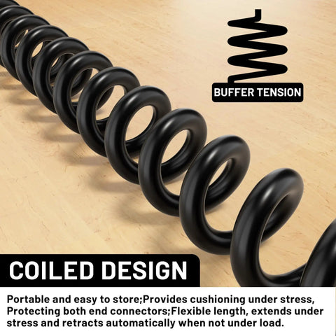 Black coiled extension cord showing spiral design, labeled with buffer tension details for stress protection and flexible length.