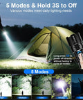 Ridiculously Bright 20000 Lumen USB Rechargeable LED Flashlight illuminating a tent at night with 5 lighting modes displayed