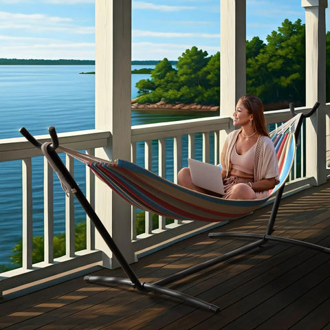 Two Person Luxury Hammock With Steel Stand Portable 450 Lbs Capacity Cotton Blend 60 Inch Bed on a wood deck by a lake