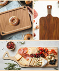 Eight Piece Router Templates Set For Woodworking And Charcuterie Boards, showcasing tray and board designs with food.