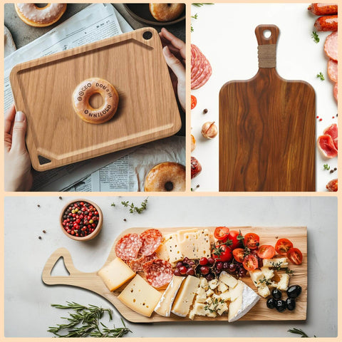 Eight Piece Router Templates Set For Woodworking And Charcuterie Boards, showcasing tray and board designs with food.