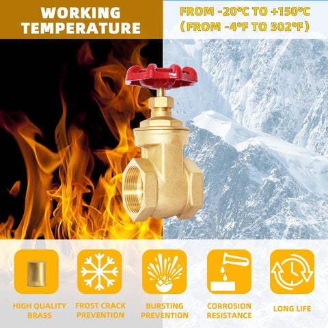 Heavy Duty Brass Gate Valve With Dead Nuts Shutoff And Knockout Full Bore Flow Featuring 1-1/2 Inch Precision Npt Threads against fire and icy mountain background.