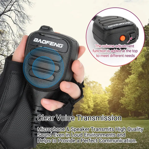 Hand holding Beefy Handheld Ham Radio Microphone With IP54 Waterproof Rugged Speaker Mic in outdoor setting, showing volume control.