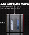 Front view of AutoLine Pro automotive leak size flow meter in gray metal housing with two vertical gauges.
