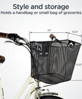 Quick Release Wire Bike Basket For Adults Black Weather Resistant with Carry Handle mounted on adult bicycle, dimensions shown