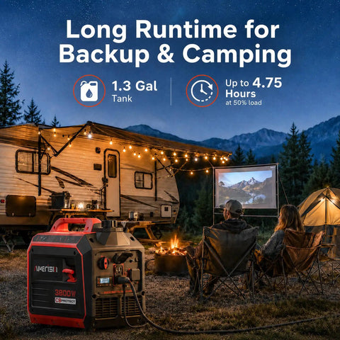 Gas Powered Portable Inverter Generator 3800W Quiet Run With CO Sensor by a campsite, trailer, and projection setup