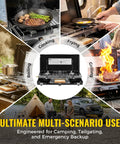 Portable Three Burner Propane Camping Stove With Regulator Push Button Ignition Adjustable Burners And Wind Guards For Car Trips Picnics And Outdoor Cooking 20400 BTUs Lightweight About Ten Pounds in use for cooking, frying, boiling, and grilling outdoors.