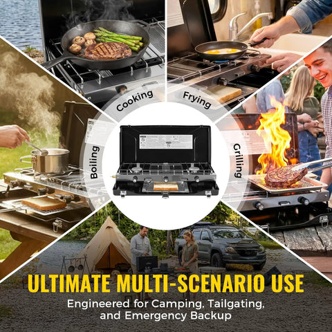 Portable Three Burner Propane Camping Stove With Regulator Push Button Ignition Adjustable Burners And Wind Guards For Car Trips Picnics And Outdoor Cooking 20400 BTUs Lightweight About Ten Pounds in use for cooking, frying, boiling, and grilling outdoors.